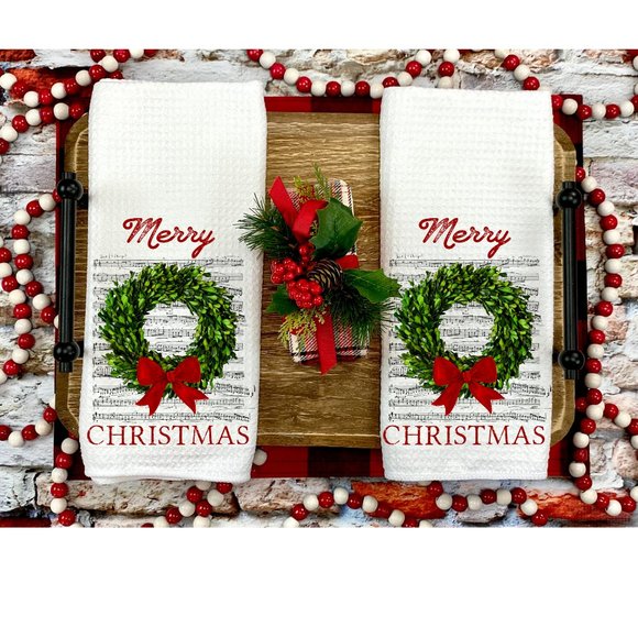 Christmas Tea Towels, Set of 2, Merry Christmas, Kitchen and Bathroom, Holiday - Picture 2 of 3